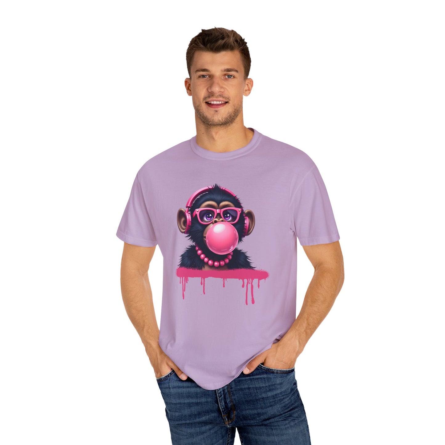 Cool Monkey with Bubble Gum Headphones Funny Graphic Tee for Animal Lovers