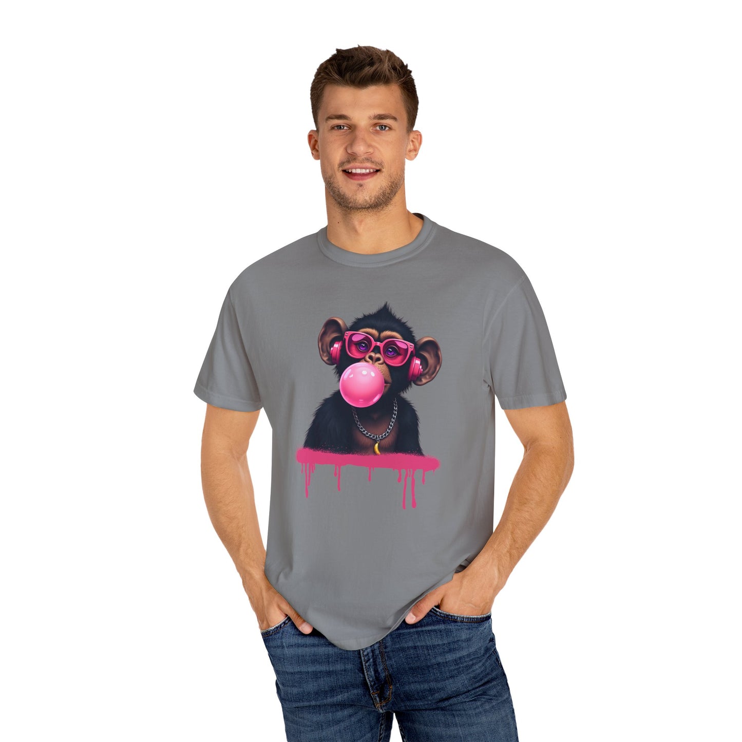 Cool Monkey with Sunglasses Bubble Gum Headphones Funny Graphic Tee for Animal Lovers