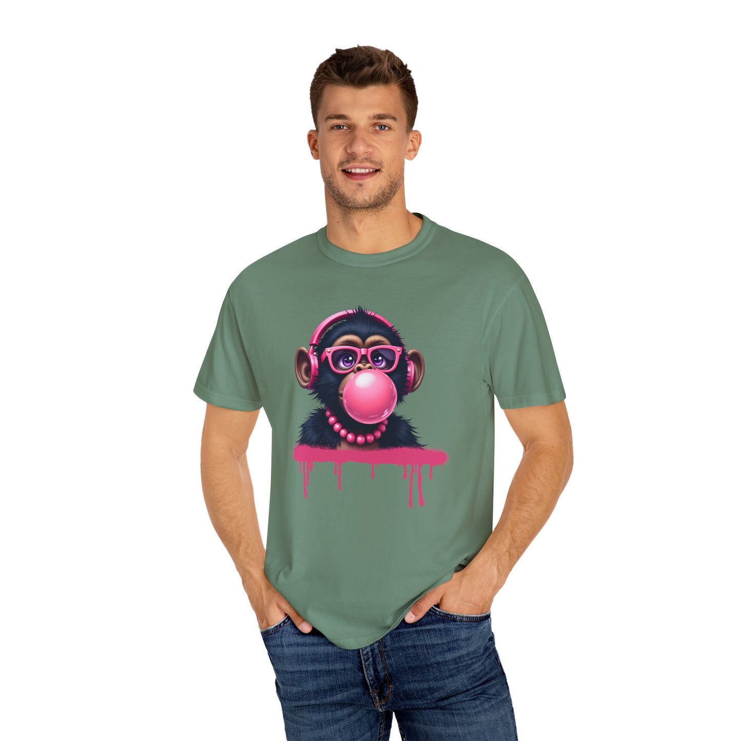 Cool Monkey with Bubble Gum Headphones Funny Graphic Tee for Animal Lovers