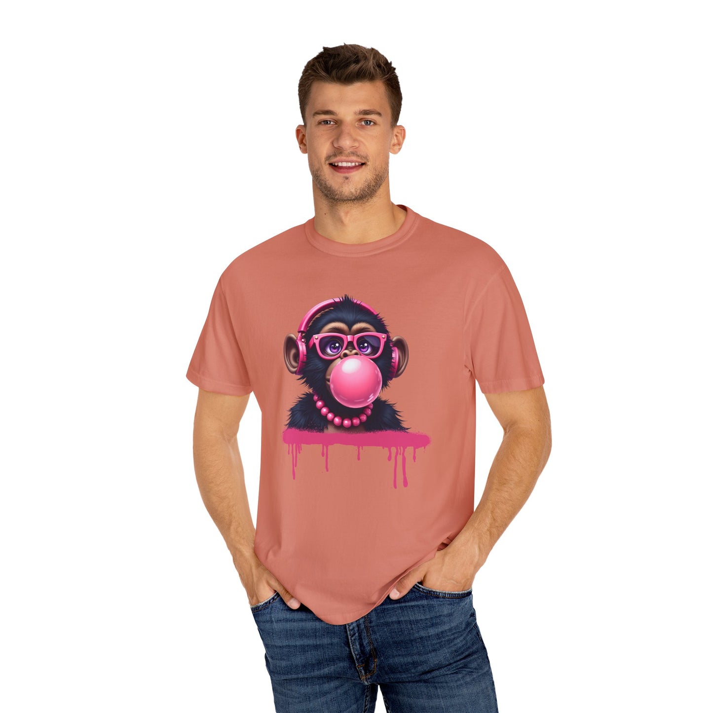 Cool Monkey with Bubble Gum Headphones Funny Graphic Tee for Animal Lovers