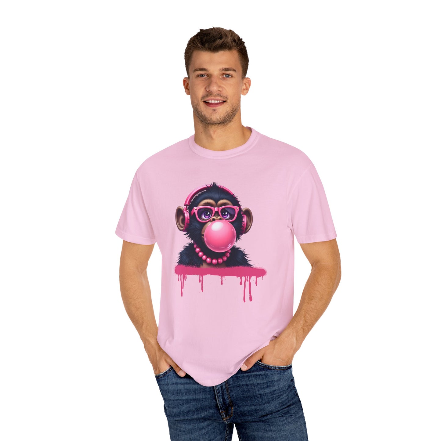 Cool Monkey with Bubble Gum Headphones Funny Graphic Tee for Animal Lovers