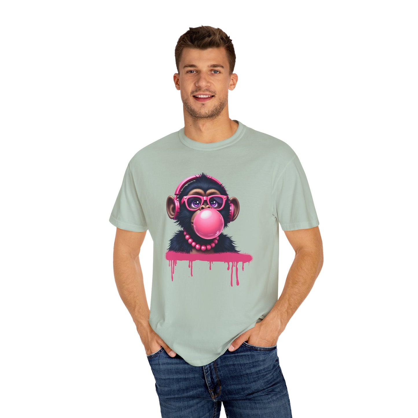 Cool Monkey with Bubble Gum Headphones Funny Graphic Tee for Animal Lovers