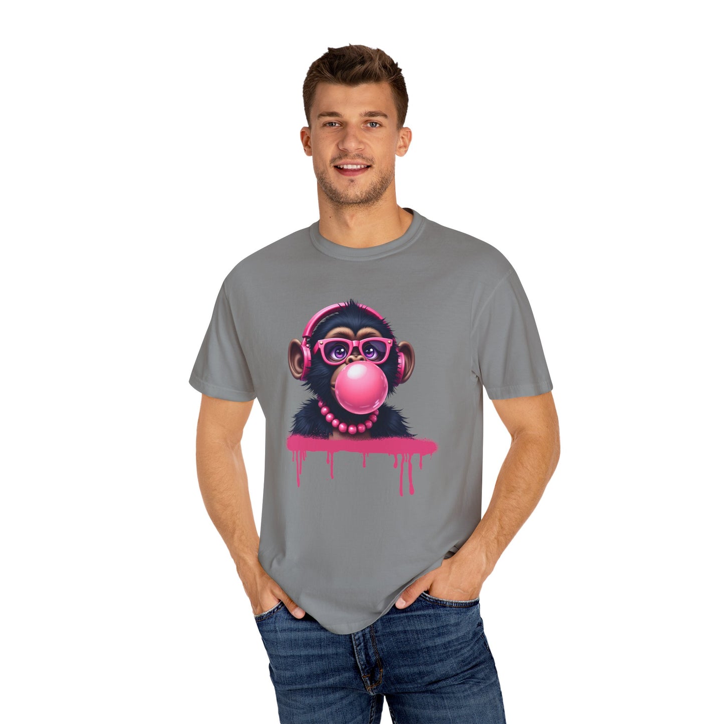 Cool Monkey with Bubble Gum Headphones Funny Graphic Tee for Animal Lovers