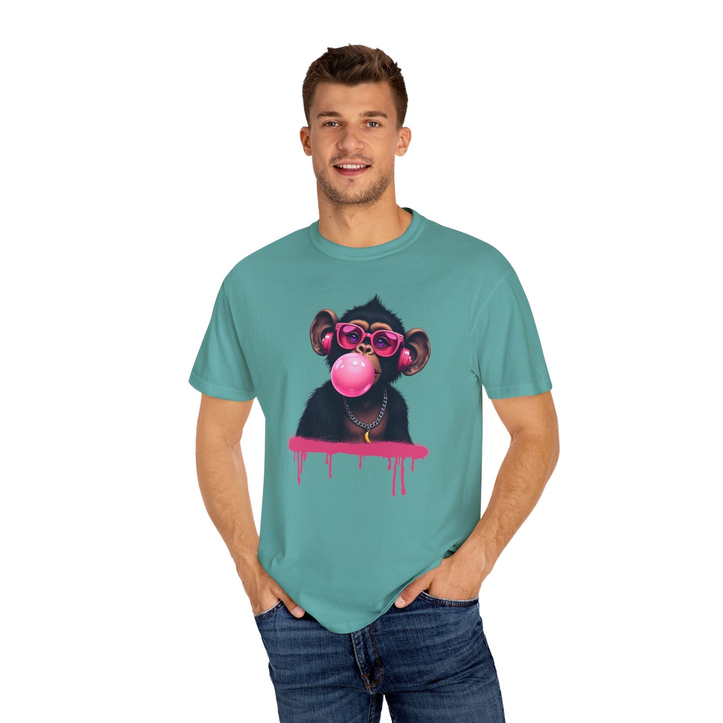 Cool Monkey with Sunglasses Bubble Gum Headphones Funny Graphic Tee for Animal Lovers