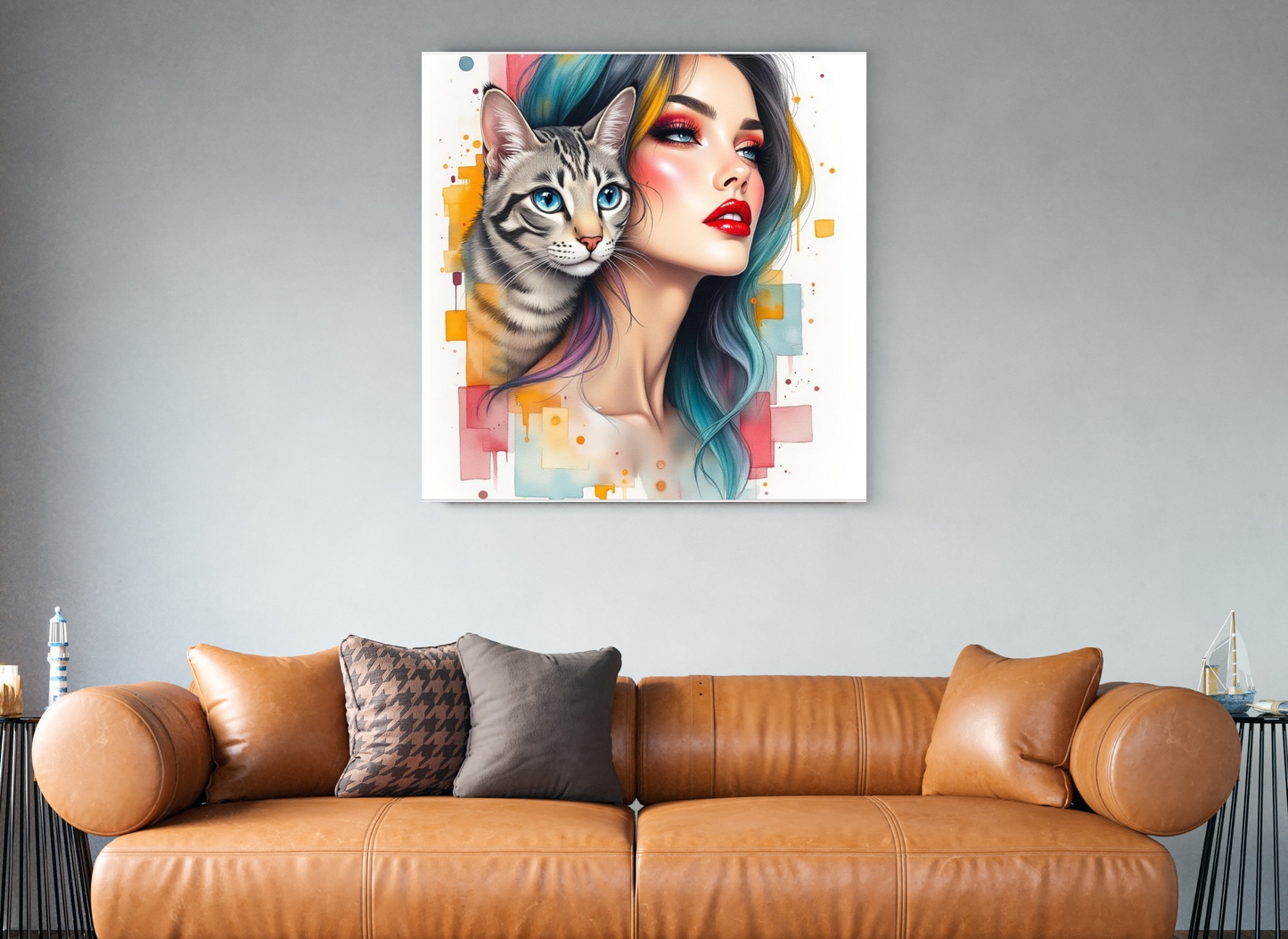 Colourful Girl with Cat Art Print, Modern Décor, Aluminium Wall Art, Abstract Pop Art, Cat Lovers Décoration, Home Decor.Add 50ff to the check out for for 50% discount !!!!!!