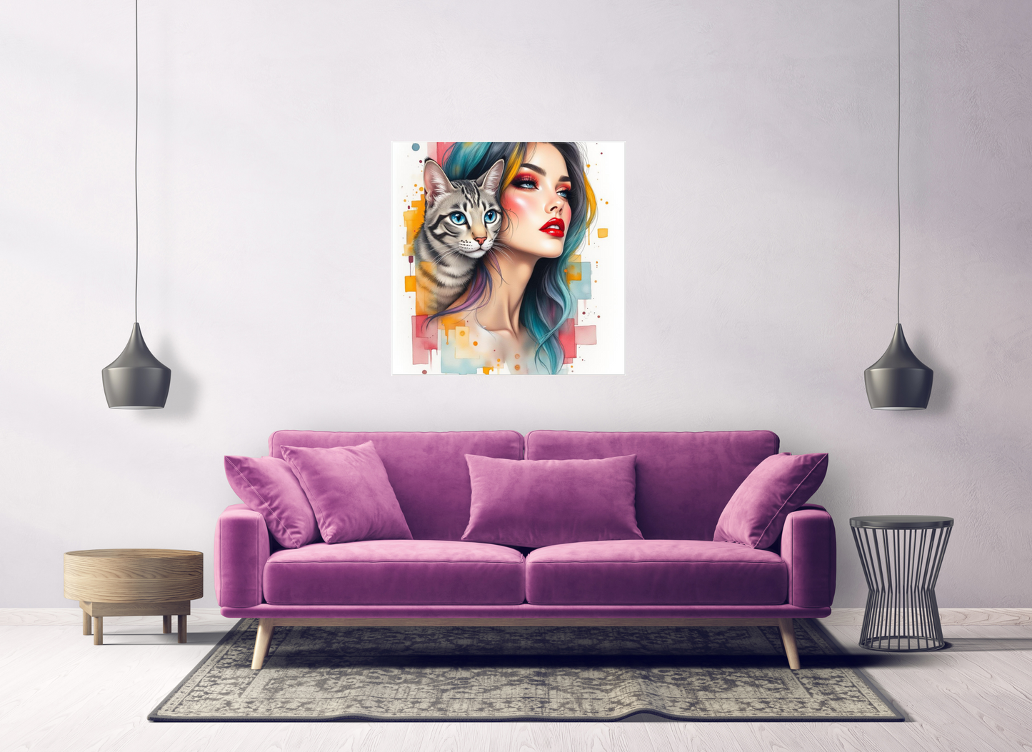 Colourful Girl with Cat Art Print, Modern Décor, Aluminium Wall Art, Abstract Pop Art, Cat Lovers Décoration, Home Decor.Add 50ff to the check out for for 50% discount !!!!!!