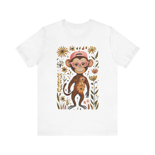 Cheerful Monkey Unisex Jersey Tee, Playful Floral Shirt, Cute Ape Top, Whimsical Cotton T-Shirt, Unique Gift for Adults, Casual Hangout