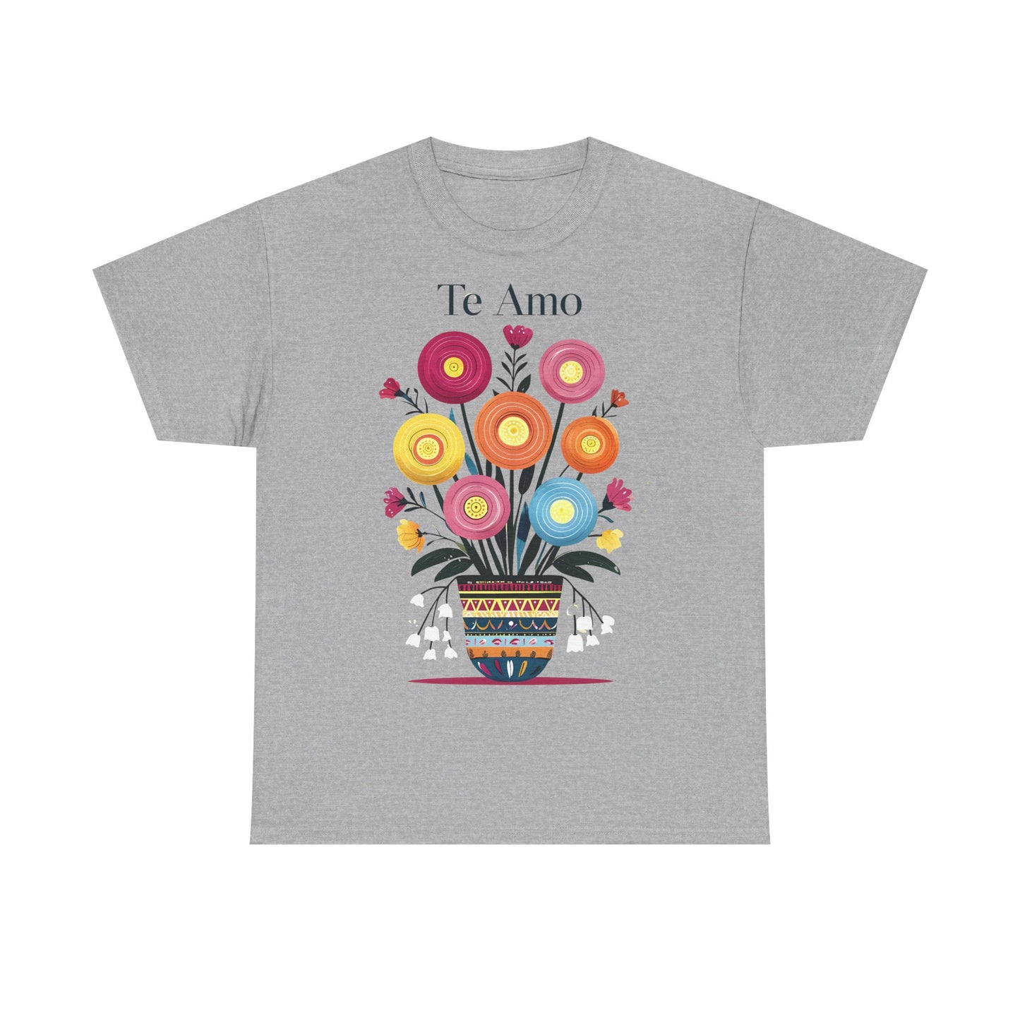 Colorful Floral 'Te Amo' Unisex Heavy Cotton Tee, Gift for Her, Floral Tee, Boho Style, Love Shirt, Spring Fashion, Casual Wear