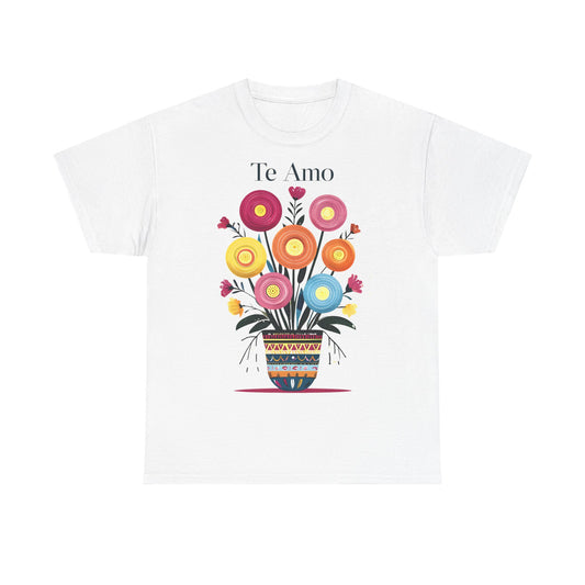 Colorful Floral 'Te Amo' Unisex Heavy Cotton Tee, Gift for Her, Floral Tee, Boho Style, Love Shirt, Spring Fashion, Casual Wear
