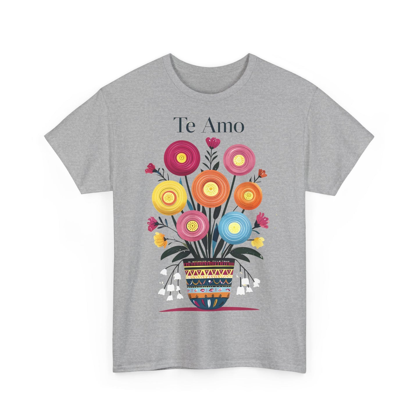Colorful Floral 'Te Amo' Unisex Heavy Cotton Tee, Gift for Her, Floral Tee, Boho Style, Love Shirt, Spring Fashion, Casual Wear