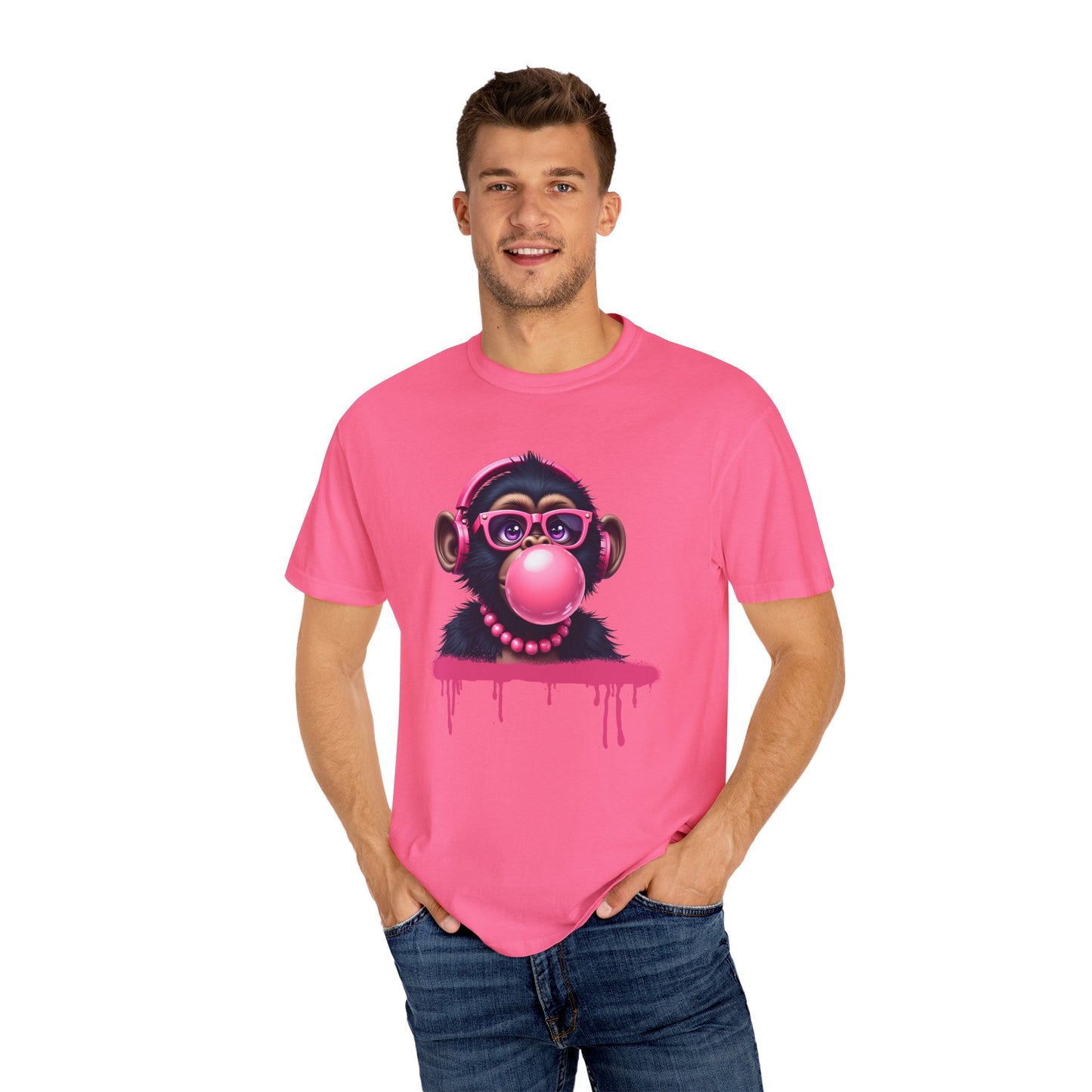 Cool Monkey with Bubble Gum  Headphones Funny Graphic Tee for Animal Lovers
