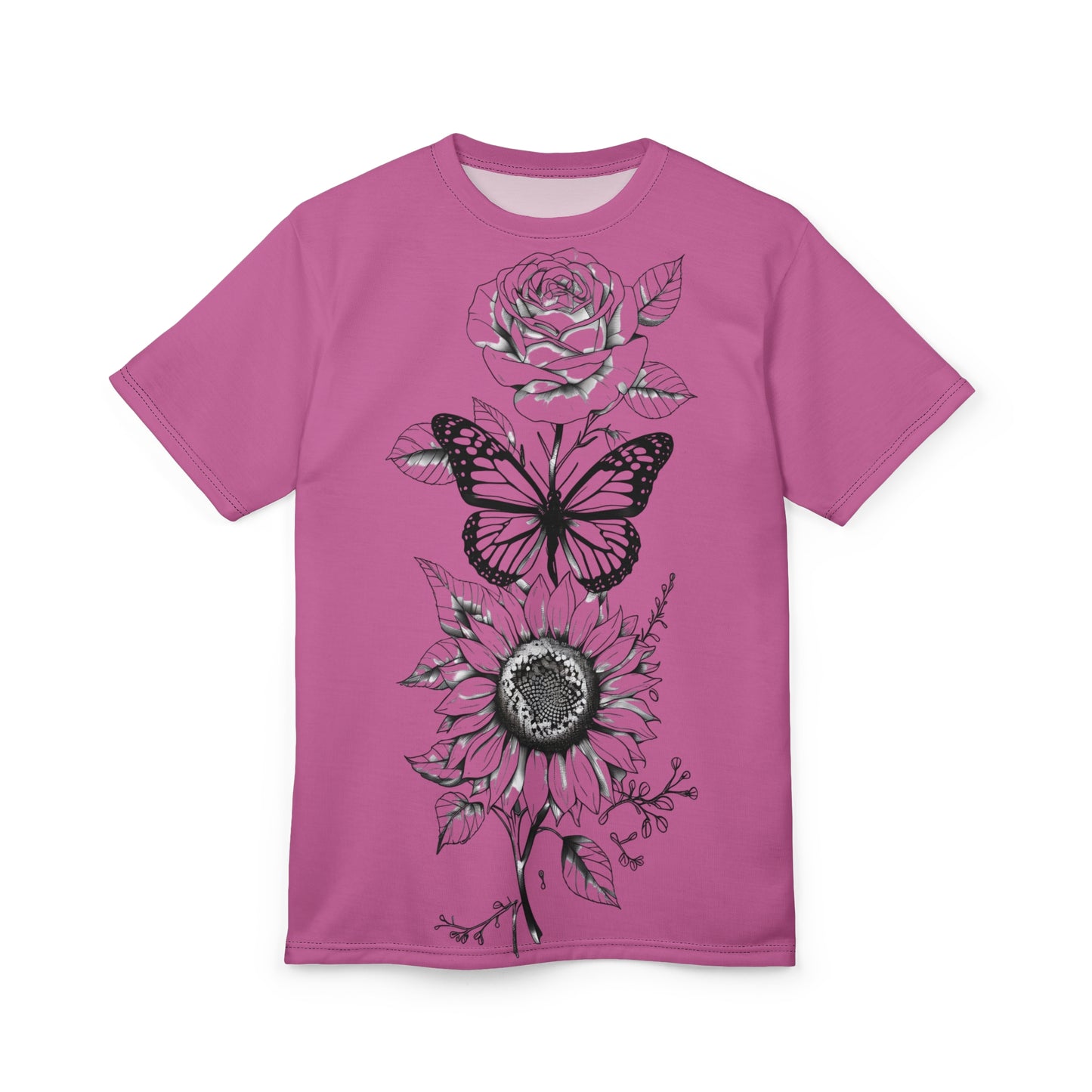 Floral Rose Sunflower Butterfly Unisex Cut & Sew Tee, Pink AOP Shirt, Boho Style, Nature Lover Gift, Spring Fashion, Unique Graphic Tee,