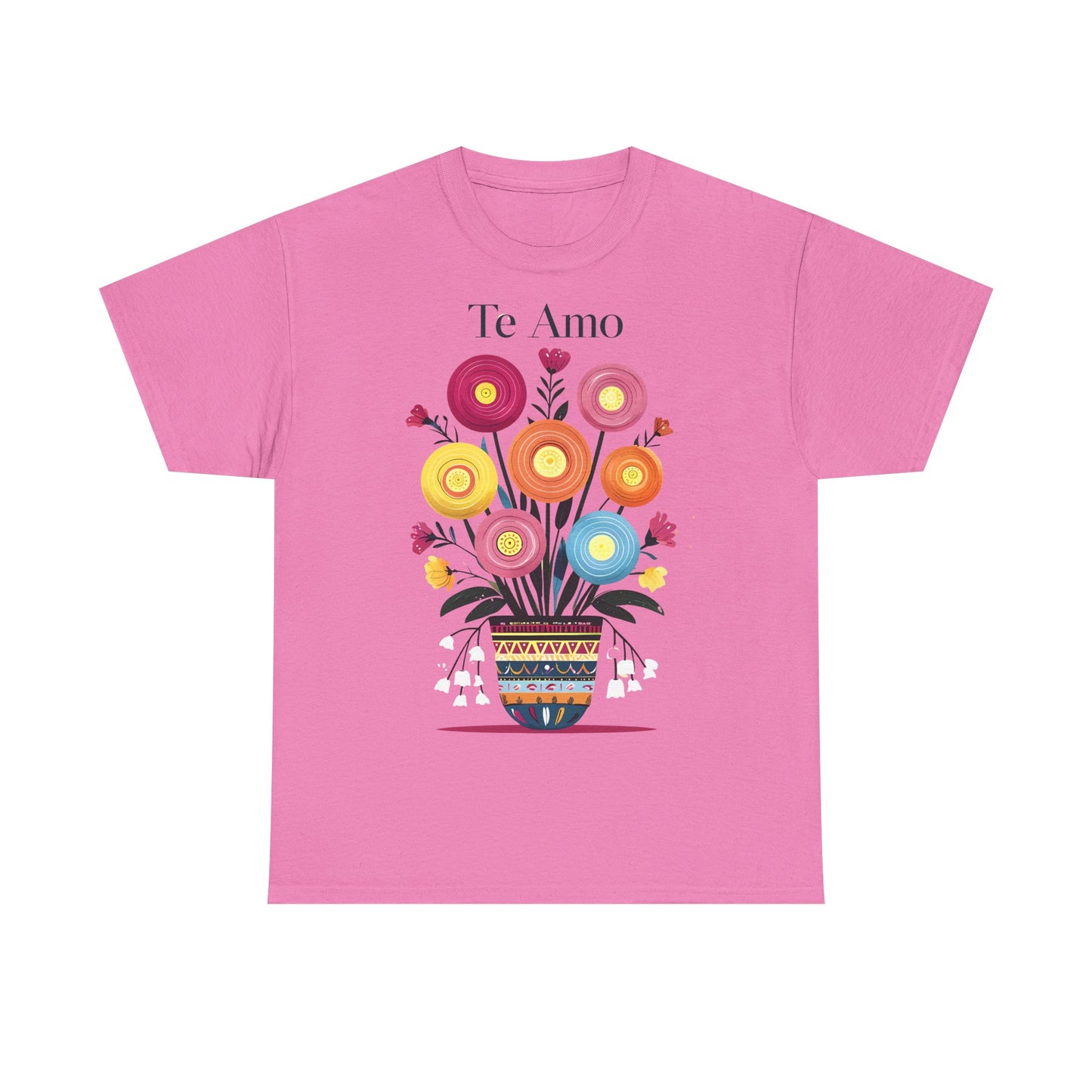 Colorful Floral 'Te Amo' Unisex Heavy Cotton Tee, Gift for Her, Floral Tee, Boho Style, Love Shirt, Spring Fashion, Casual Wear
