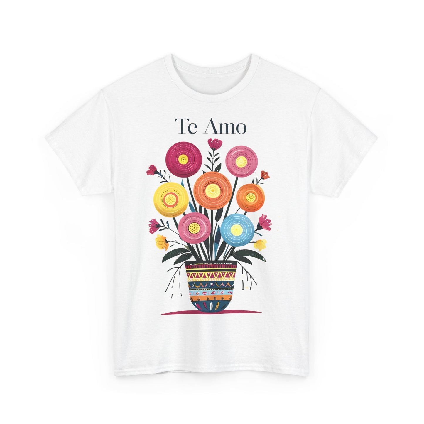 Colorful Floral 'Te Amo' Unisex Heavy Cotton Tee, Gift for Her, Floral Tee, Boho Style, Love Shirt, Spring Fashion, Casual Wear