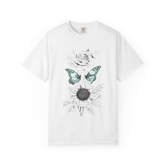Floral Rose Sunflower Butterfly T-shirt, Boho Style Nature Lover Gift, Spring Fashion AOP Shirt, Unique Graphic Tee, Unisex Garment-Dyed Tee