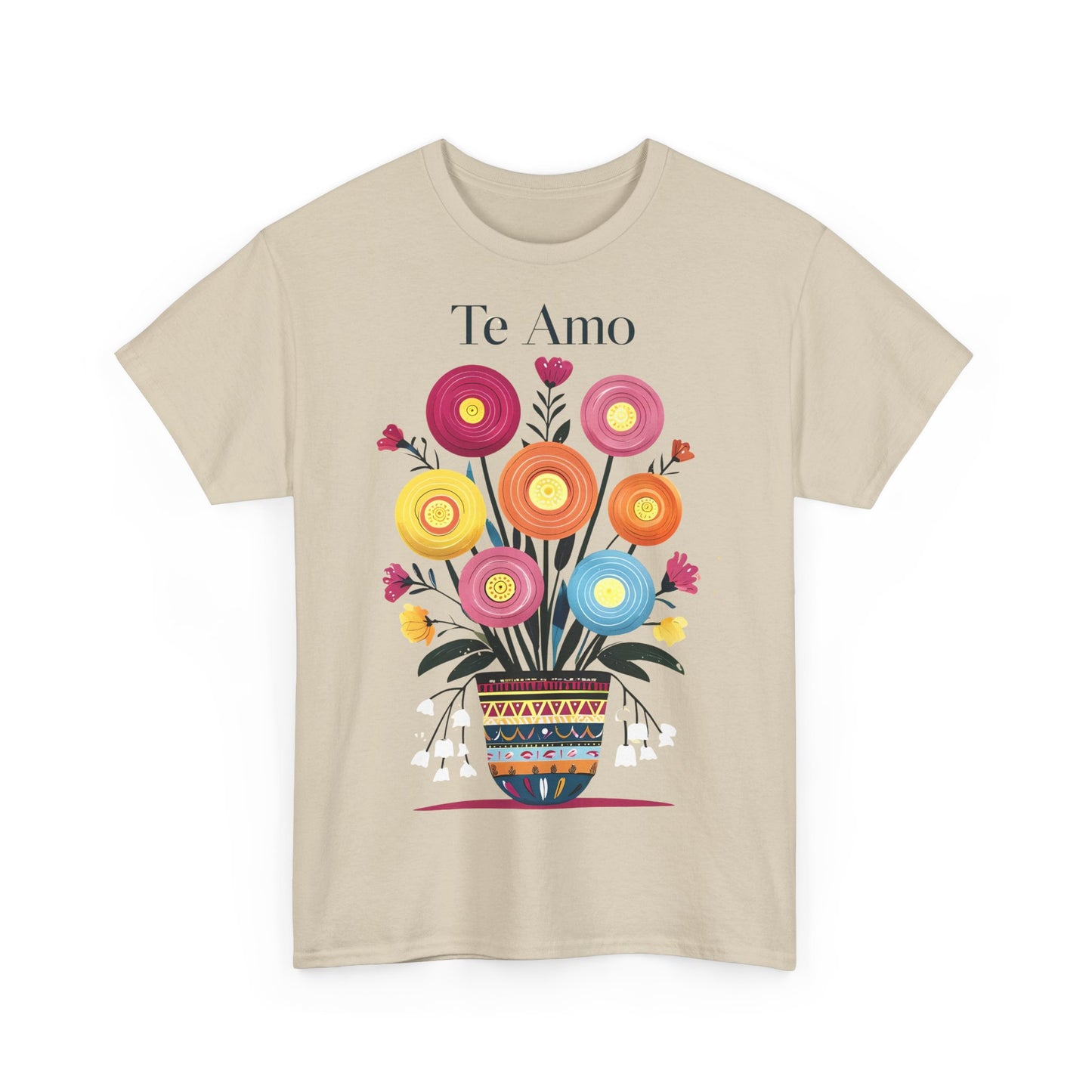 Colorful Floral 'Te Amo' Unisex Heavy Cotton Tee, Gift for Her, Floral Tee, Boho Style, Love Shirt, Spring Fashion, Casual Wear