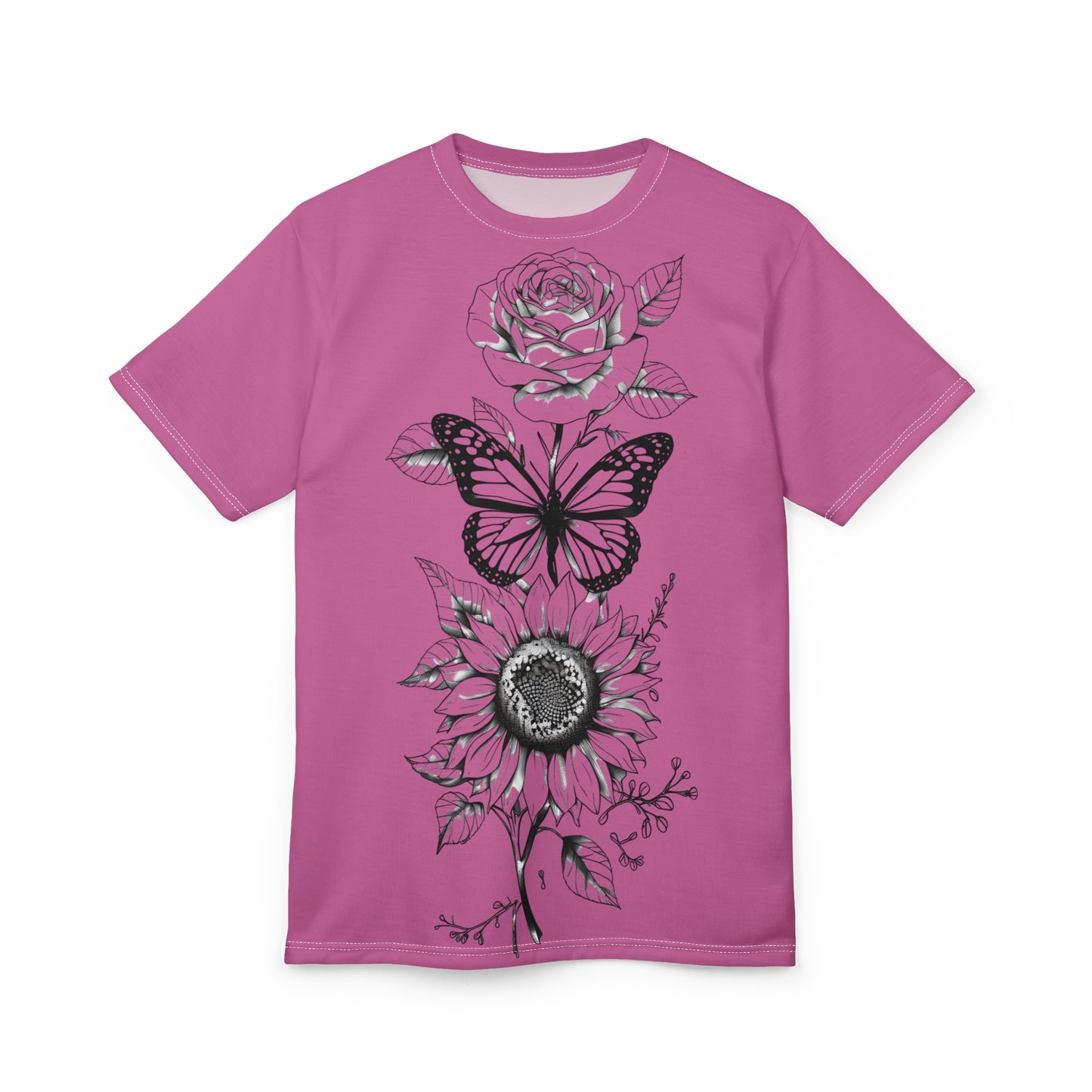Floral Rose Sunflower Butterfly Unisex Cut & Sew Tee, Pink AOP Shirt, Boho Style, Nature Lover Gift, Spring Fashion, Unique Graphic Tee,