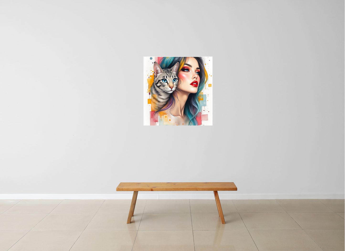 Colourful Girl with Cat Art Print, Modern Décor, Aluminium Wall Art, Abstract Pop Art, Cat Lovers Décoration, Home Decor.Add 50ff to the check out for for 50% discount !!!!!!