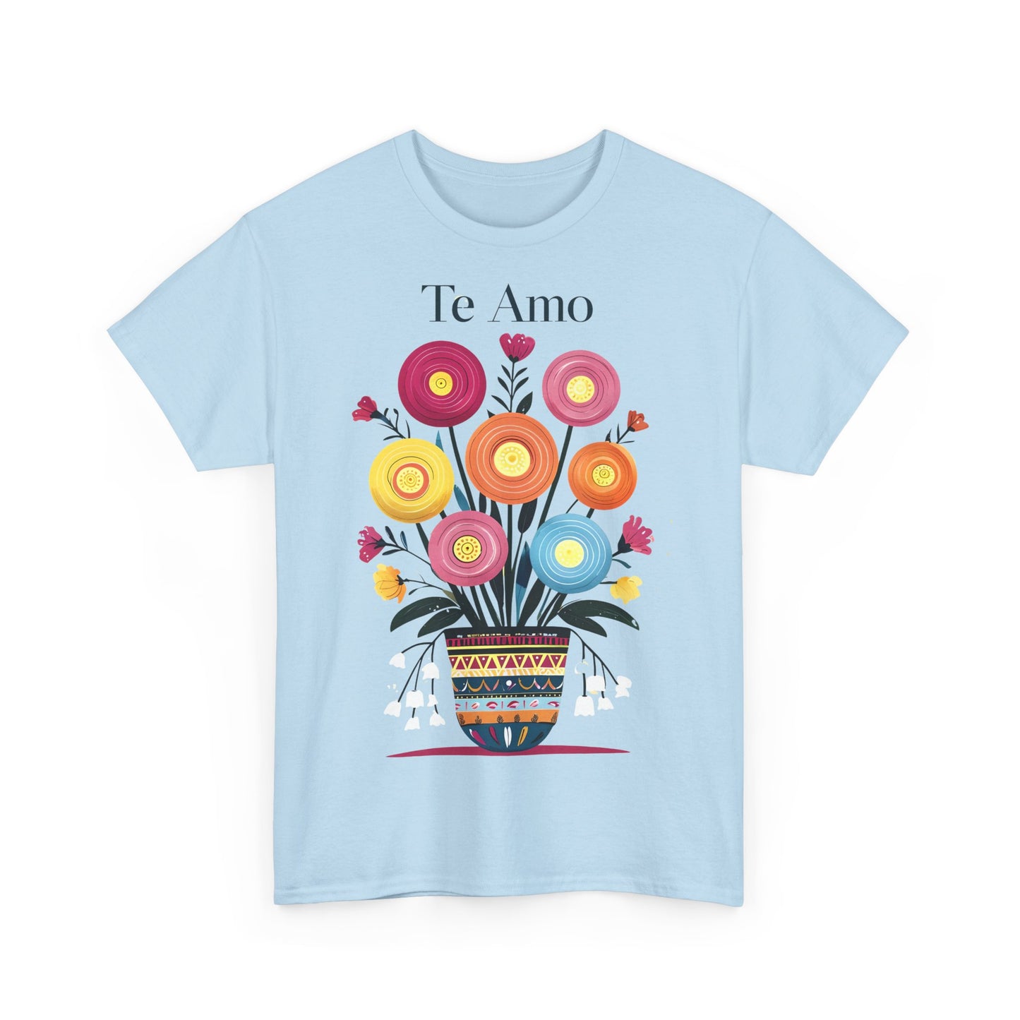 Colorful Floral 'Te Amo' Unisex Heavy Cotton Tee, Gift for Her, Floral Tee, Boho Style, Love Shirt, Spring Fashion, Casual Wear