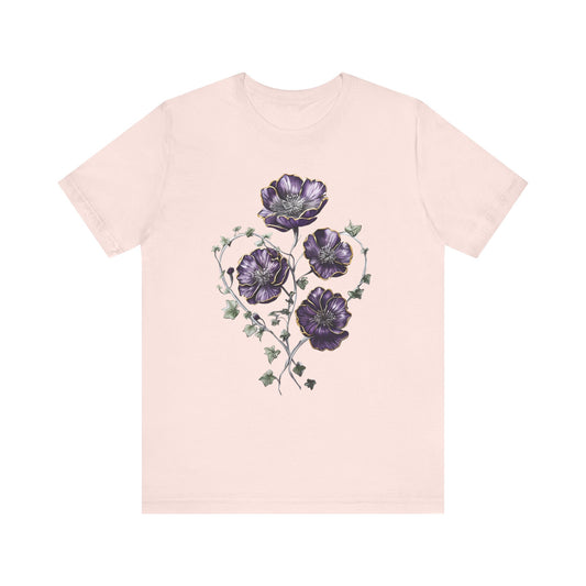 Floral Heart Tee, Botanical Nature Garden Top, Women's T-Shirt, Silver Stems Purple Flower Gold Outline Shirt, Jersey Short Sleeve