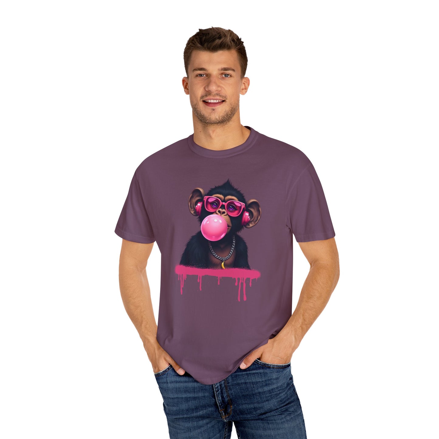 Cool Monkey with Sunglasses Bubble Gum Headphones  Funny Graphic Tee for Animal Lovers