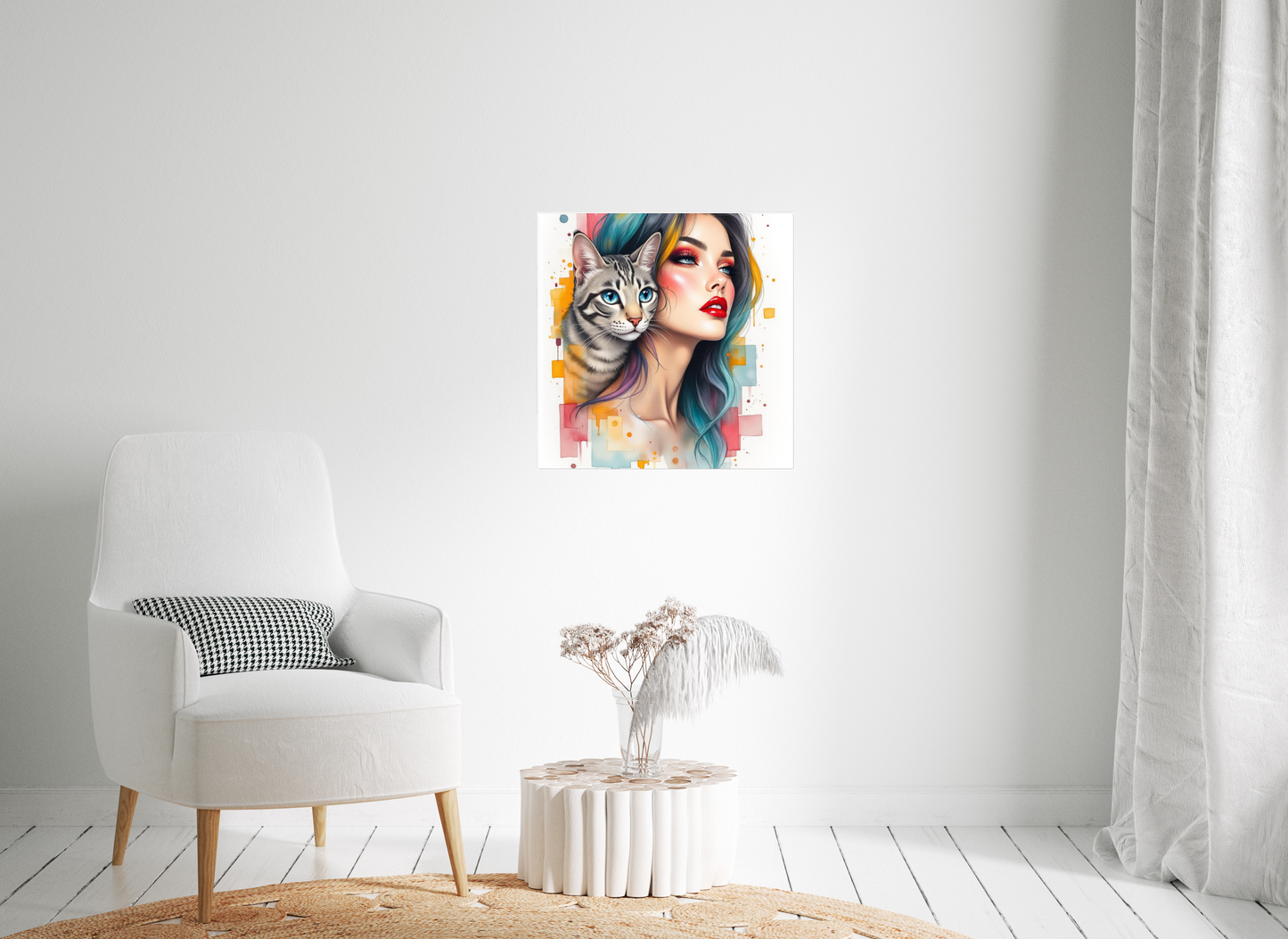 Colourful Girl with Cat Art Print, Modern Décor, Aluminium Wall Art, Abstract Pop Art, Cat Lovers Décoration, Home Decor.Add 50ff to the check out for for 50% discount !!!!!!