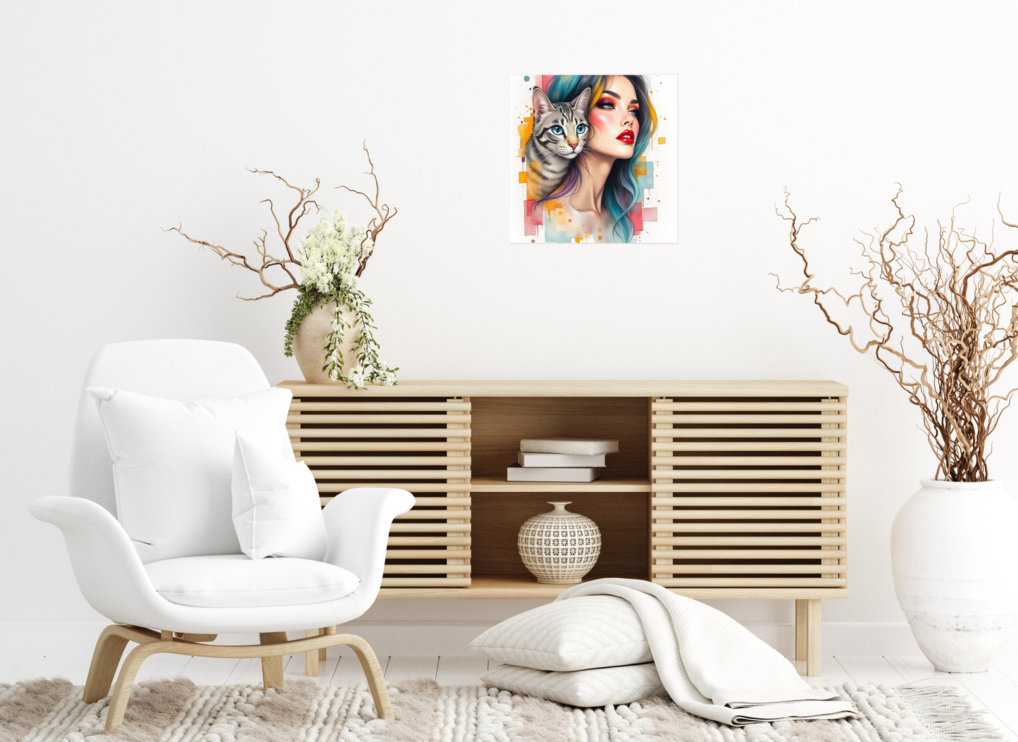 Colourful Girl with Cat Art Print, Modern Décor, Aluminium Wall Art, Abstract Pop Art, Cat Lovers Décoration, Home Decor.Add 50ff to the check out for for 50% discount !!!!!!