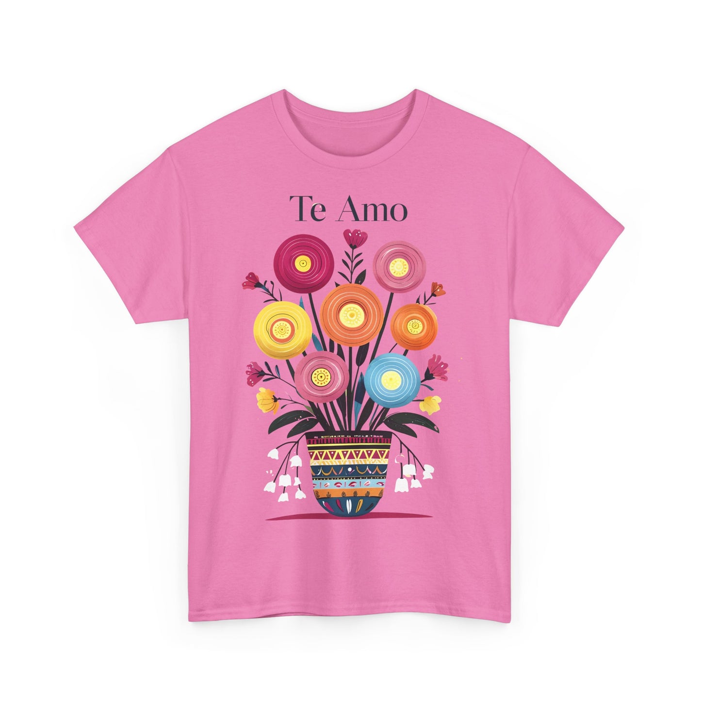 Colorful Floral 'Te Amo' Unisex Heavy Cotton Tee, Gift for Her, Floral Tee, Boho Style, Love Shirt, Spring Fashion, Casual Wear