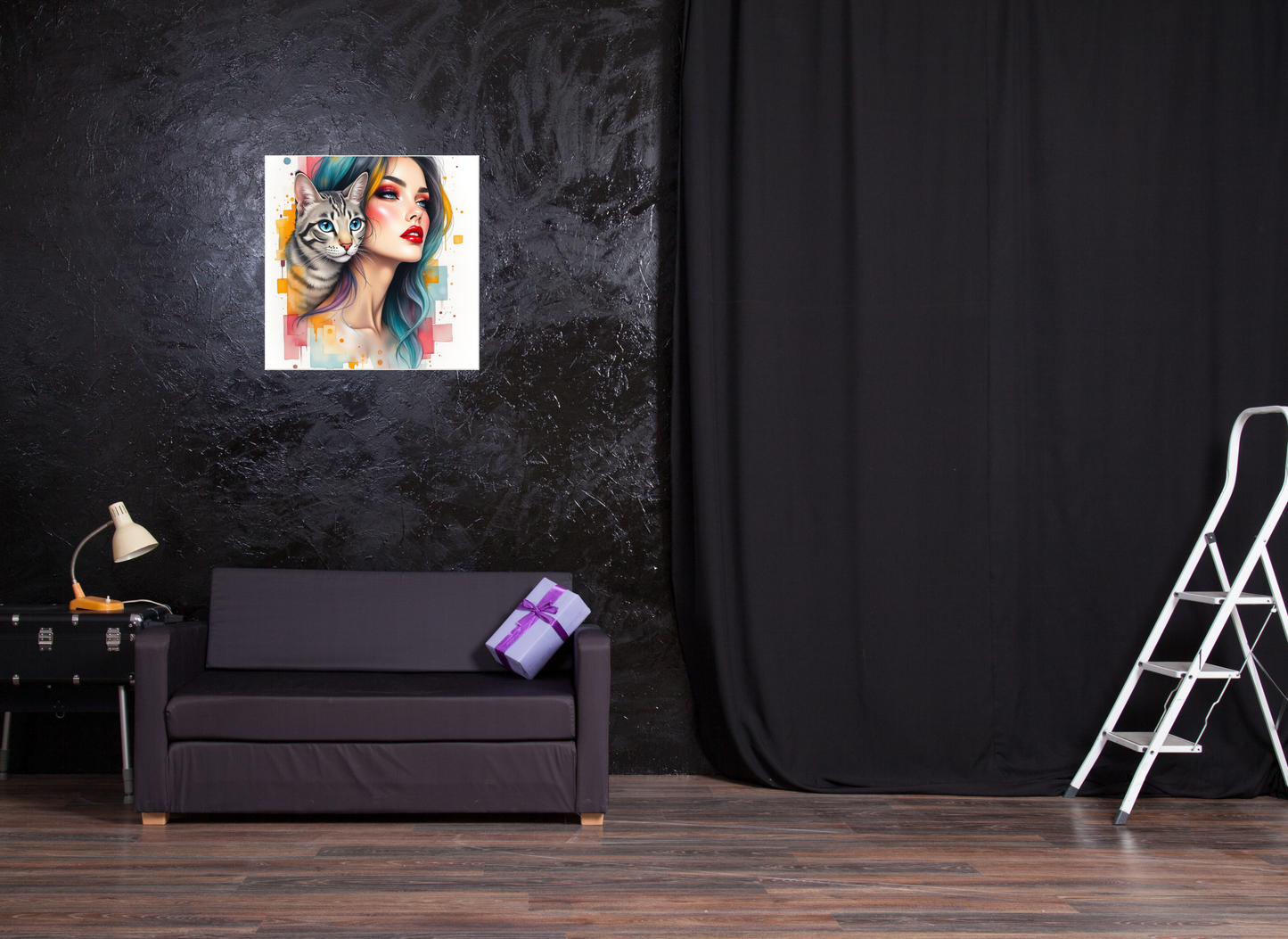 Colourful Girl with Cat Art Print, Modern Décor, Aluminium Wall Art, Abstract Pop Art, Cat Lovers Décoration, Home Decor.Add 50ff to the check out for for 50% discount !!!!!!