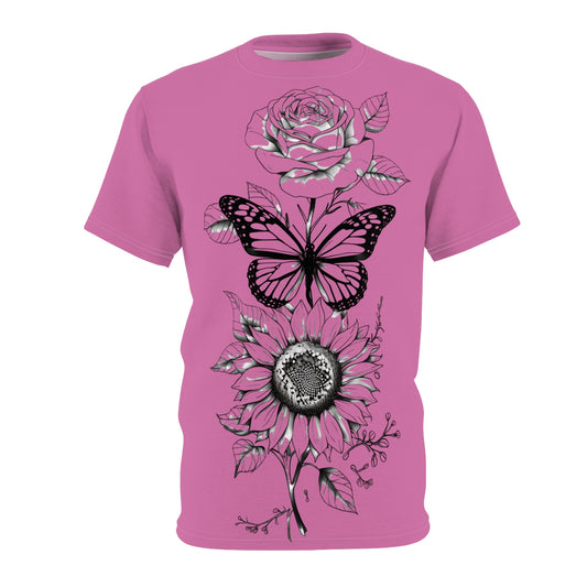 Floral Rose Sunflower Butterfly Unisex Cut & Sew Tee, Pink AOP Shirt, Boho Style, Nature Lover Gift, Spring Fashion, Unique Graphic Tee,