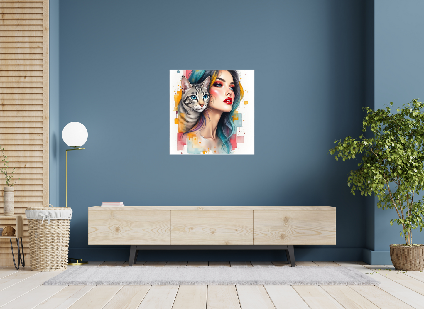 Colourful Girl with Cat Art Print, Modern Décor, Aluminium Wall Art, Abstract Pop Art, Cat Lovers Décoration, Home Decor.Add 50ff to the check out for for 50% discount !!!!!!