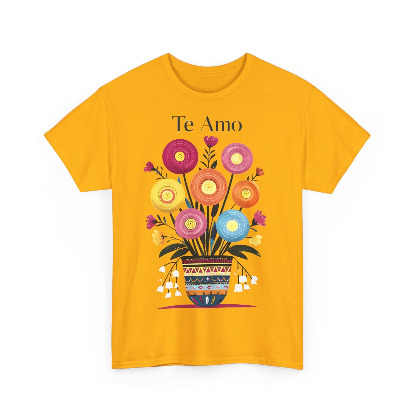 Colorful Floral 'Te Amo' Unisex Heavy Cotton Tee, Gift for Her, Floral Tee, Boho Style, Love Shirt, Spring Fashion, Casual Wear