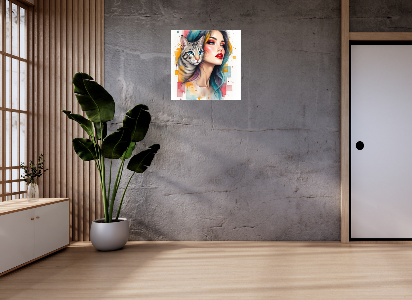 Colourful Girl with Cat Art Print, Modern Décor, Aluminium Wall Art, Abstract Pop Art, Cat Lovers Décoration, Home Decor.Add 50ff to the check out for for 50% discount !!!!!!