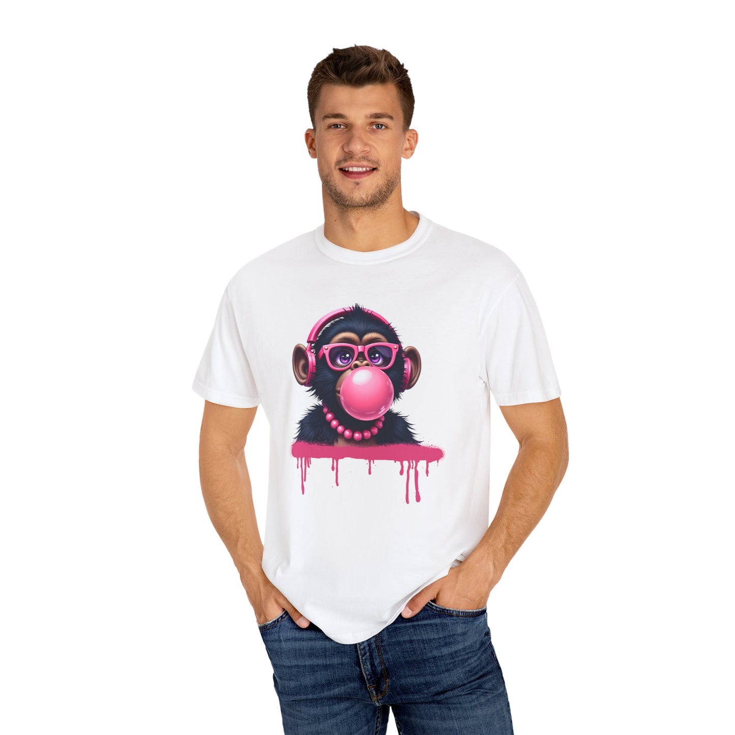 Cool Monkey with Bubble Gum  Headphones Funny Graphic Tee for Animal Lovers