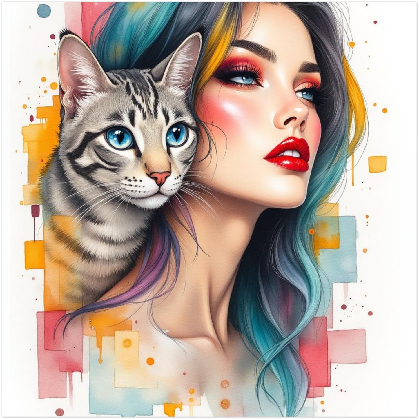 Colourful Girl with Cat Art Print, Modern Décor, Aluminium Wall Art, Abstract Pop Art, Cat Lovers Décoration, Home Decor.Add 50ff to the check out for for 50% discount !!!!!!